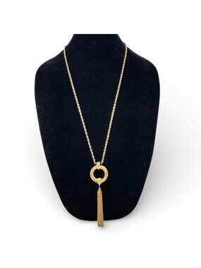 Vintage Monet Gold Tone Tassel Necklace Long Chain Pendant Signed 1970's-80's